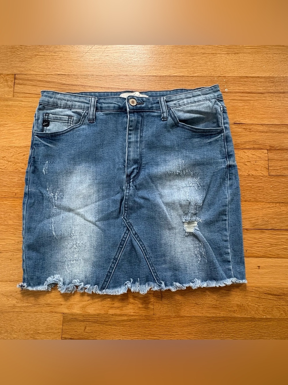 Distressed Blue Denim Mini Skirt with Fray Hem kancan Los Angeles